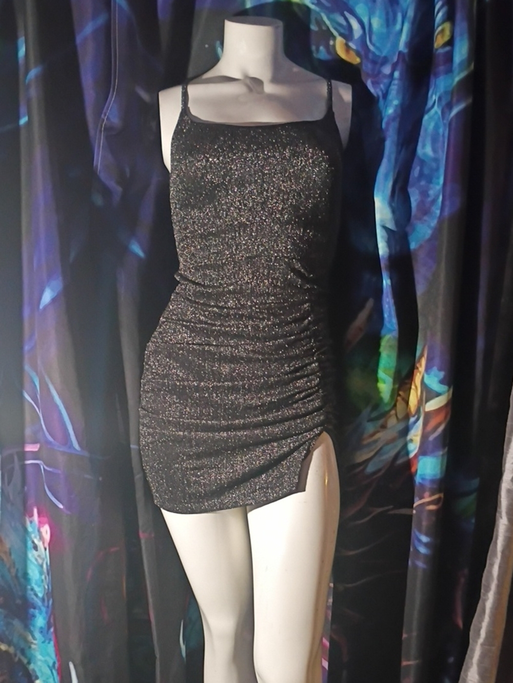 Forever 21 Black Sparkle Ruched Mini Dress with Side Slit